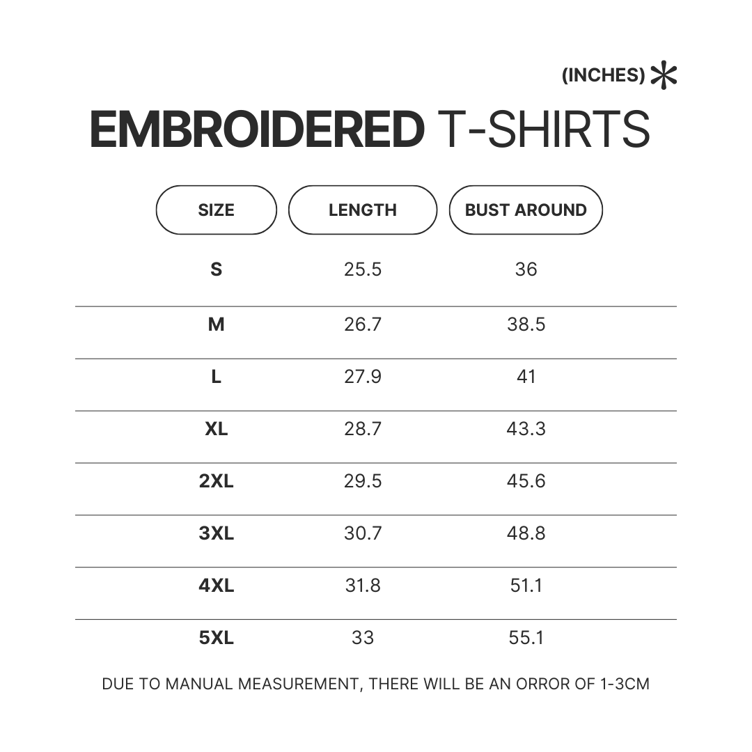 Embroidered T shirt Size Chart - Animal Crossing Merchandise